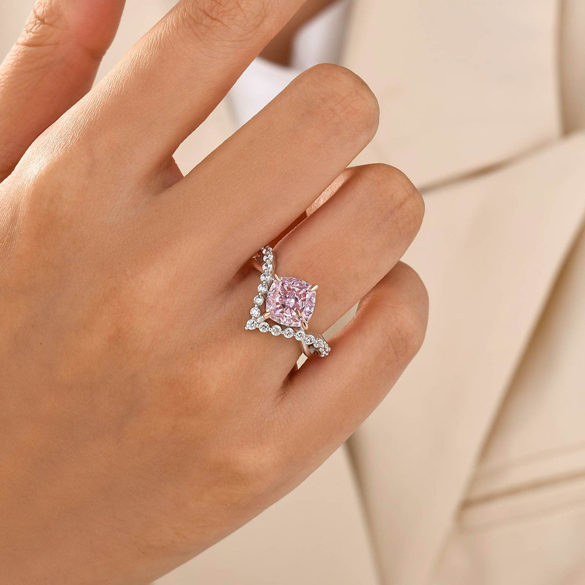 3.0Ct Pink Two-Tone Cushion Cut V-Shaped Split Shank Engagement Ring