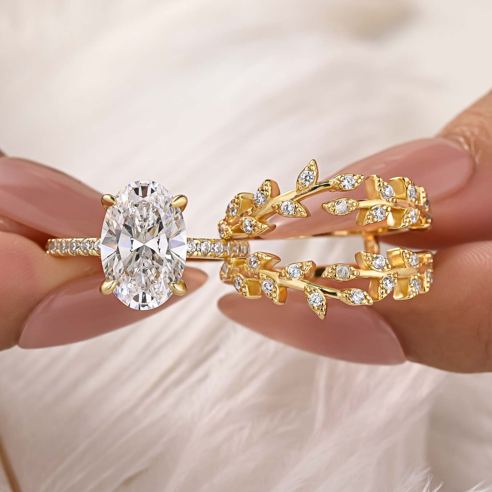 Nature-Inspired Enhancer 4.0Ct Oval Cut Double Vine Leaf Wedding Ring Sets