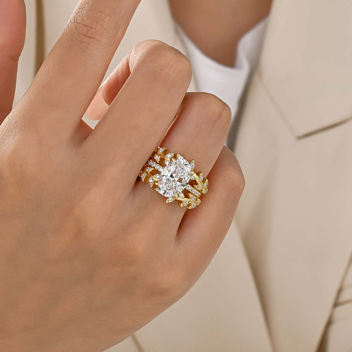 Nature-Inspired Enhancer 4.0Ct Oval Cut Double Vine Leaf Wedding Ring Sets