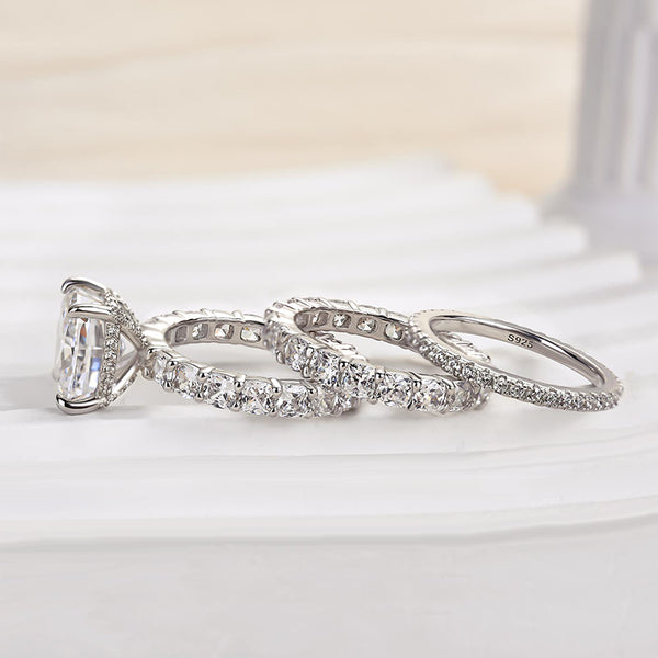 Louily Attractive Crushed Ice Cushion Cut 3PC Wedding Ring Set