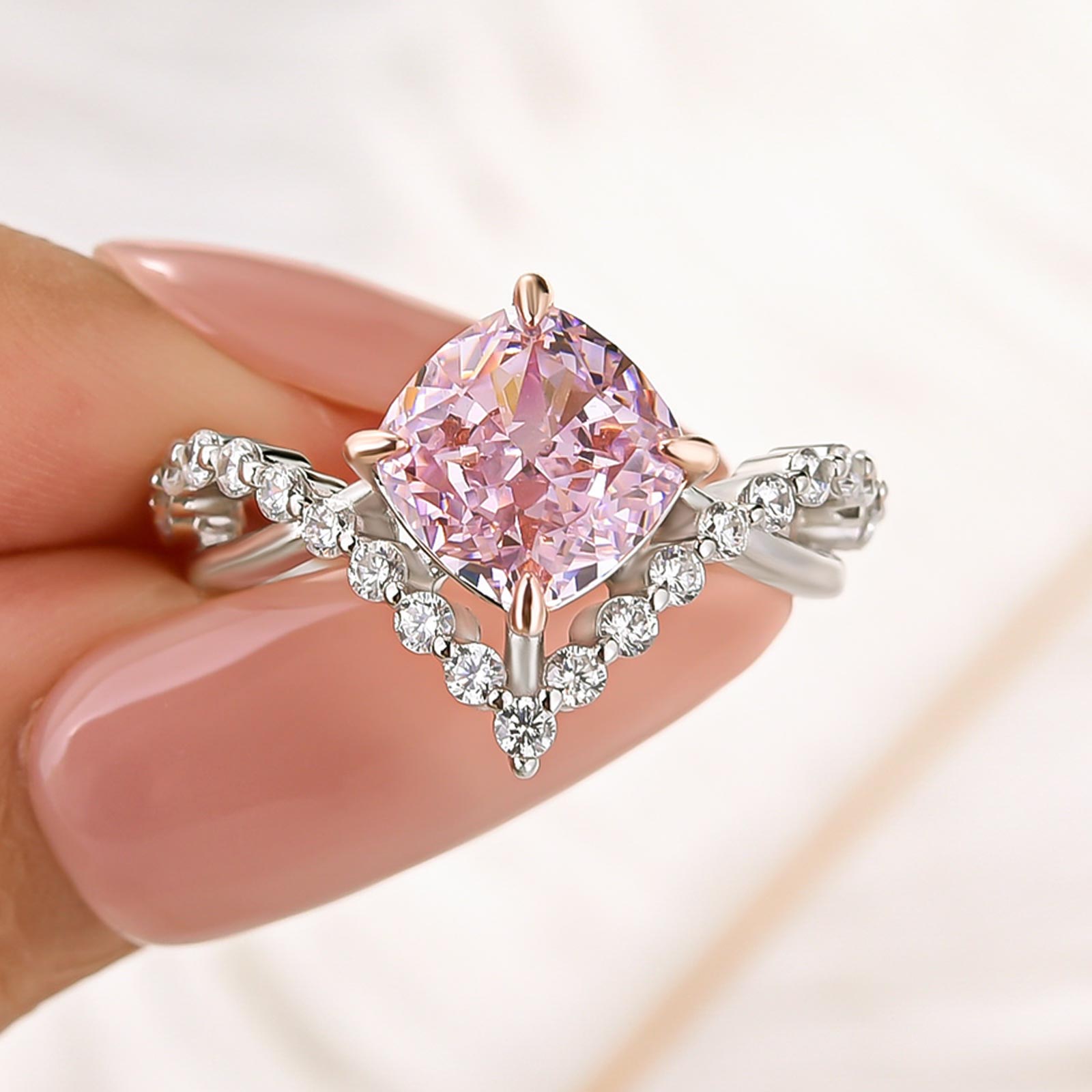 3.0Ct Pink Two-Tone Cushion Cut V-Shaped Split Shank Engagement Ring