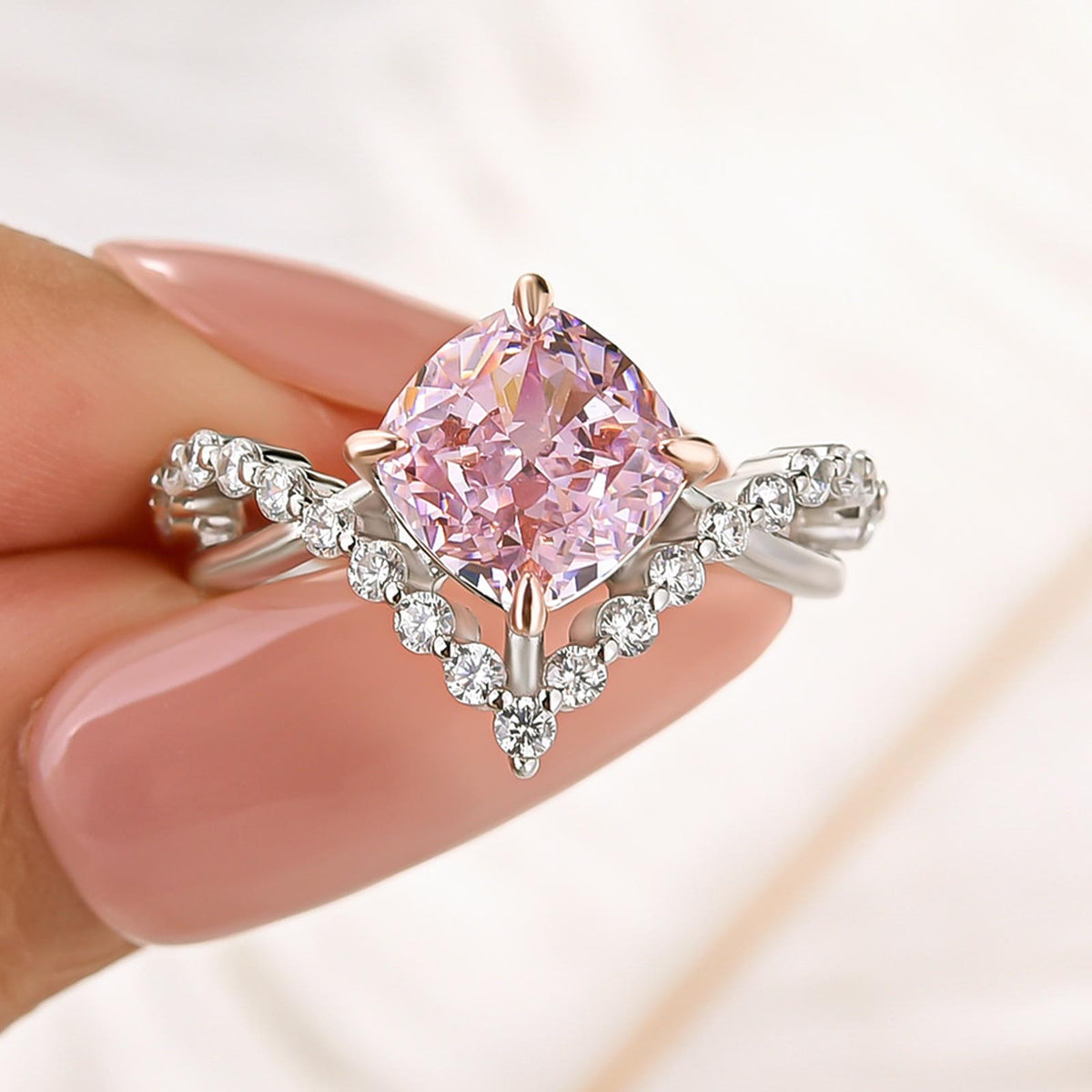 3.0Ct Pink Two-Tone Cushion Cut V-Shaped Split Shank Engagement Ring