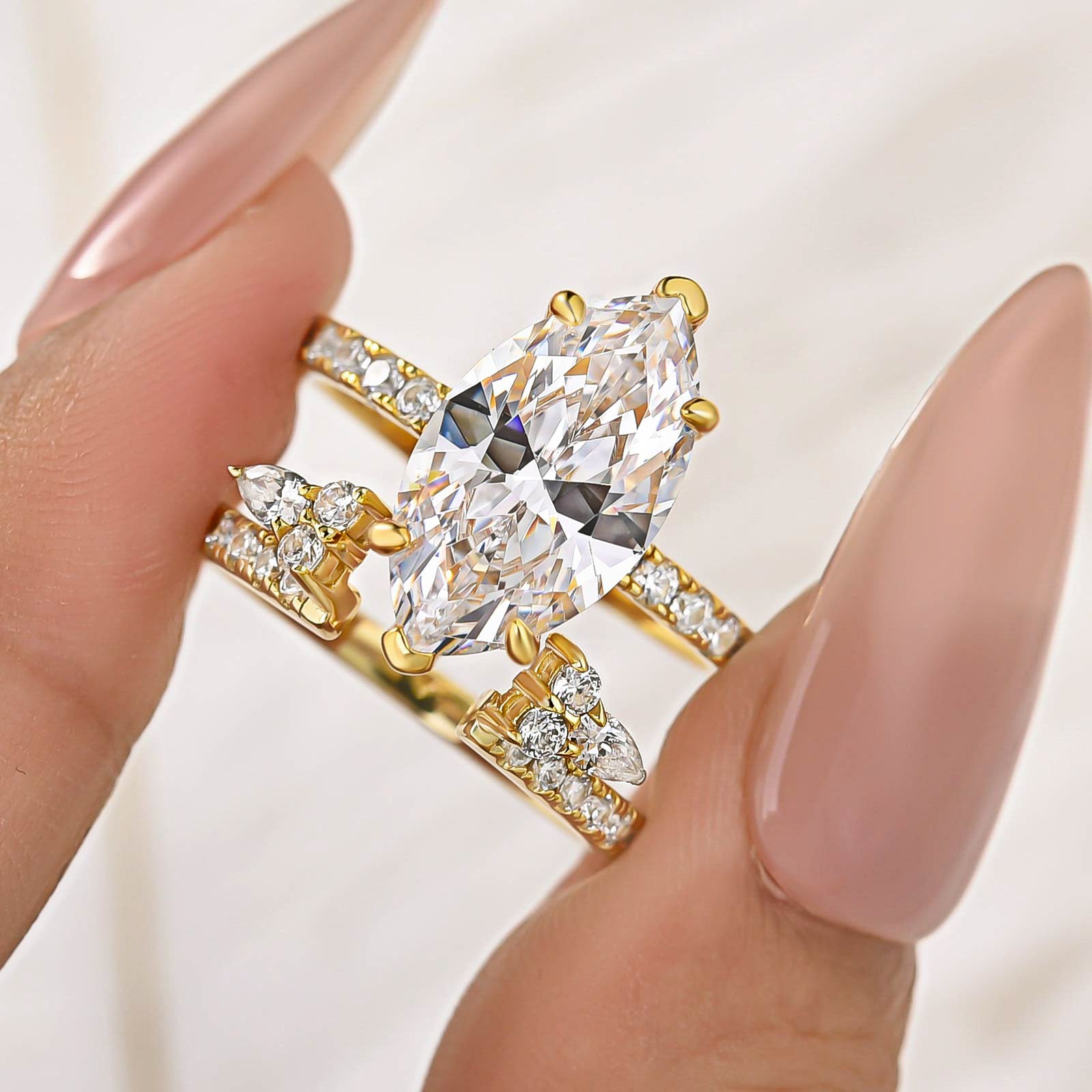 S925 2PC Enhancer 4.0Ct Marquise Cut Ring & Wedding Band Nature-Inspired Ring Sets