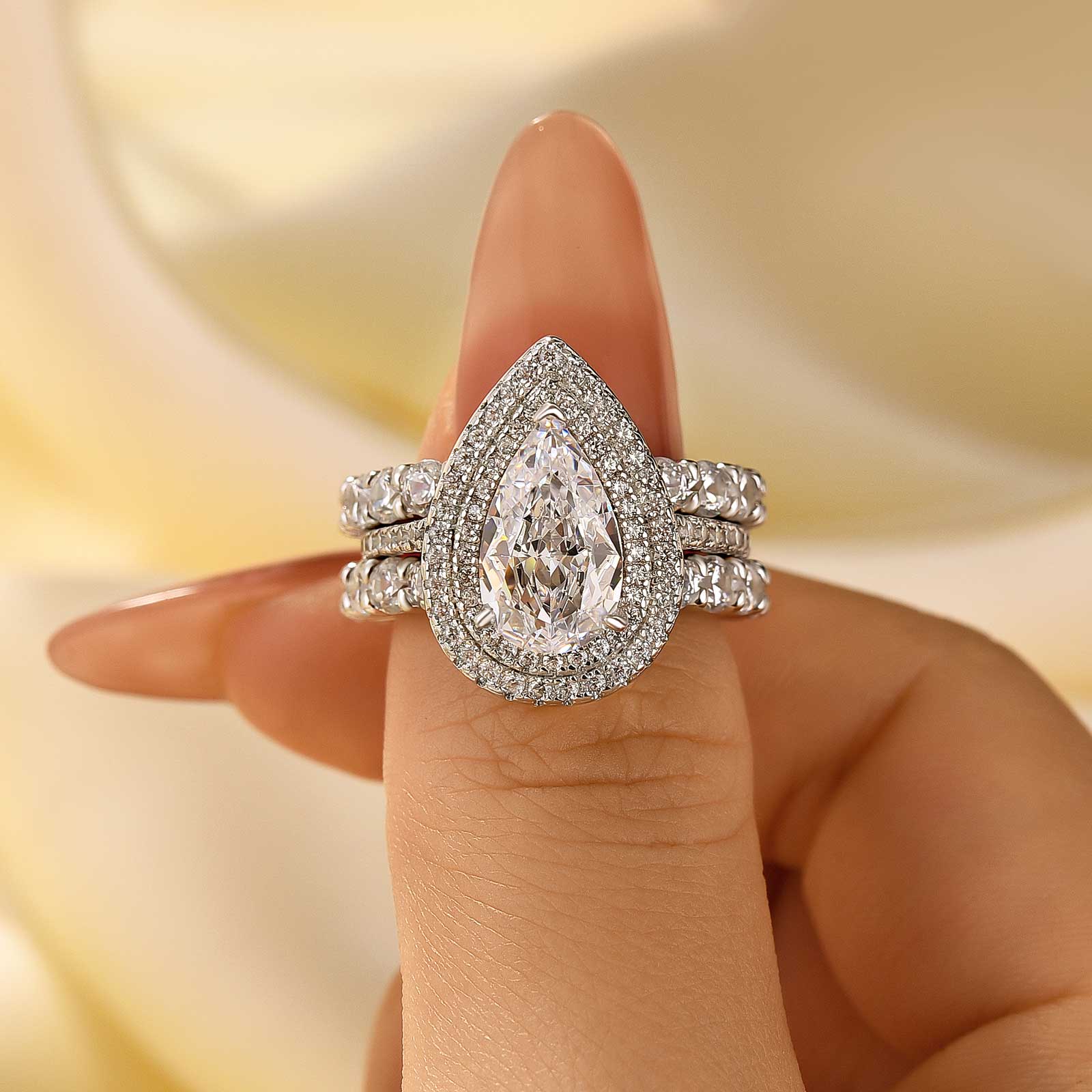 Louily Eternity Double Halo Pear Cut 3PC Wedding Set In Sterling Silver