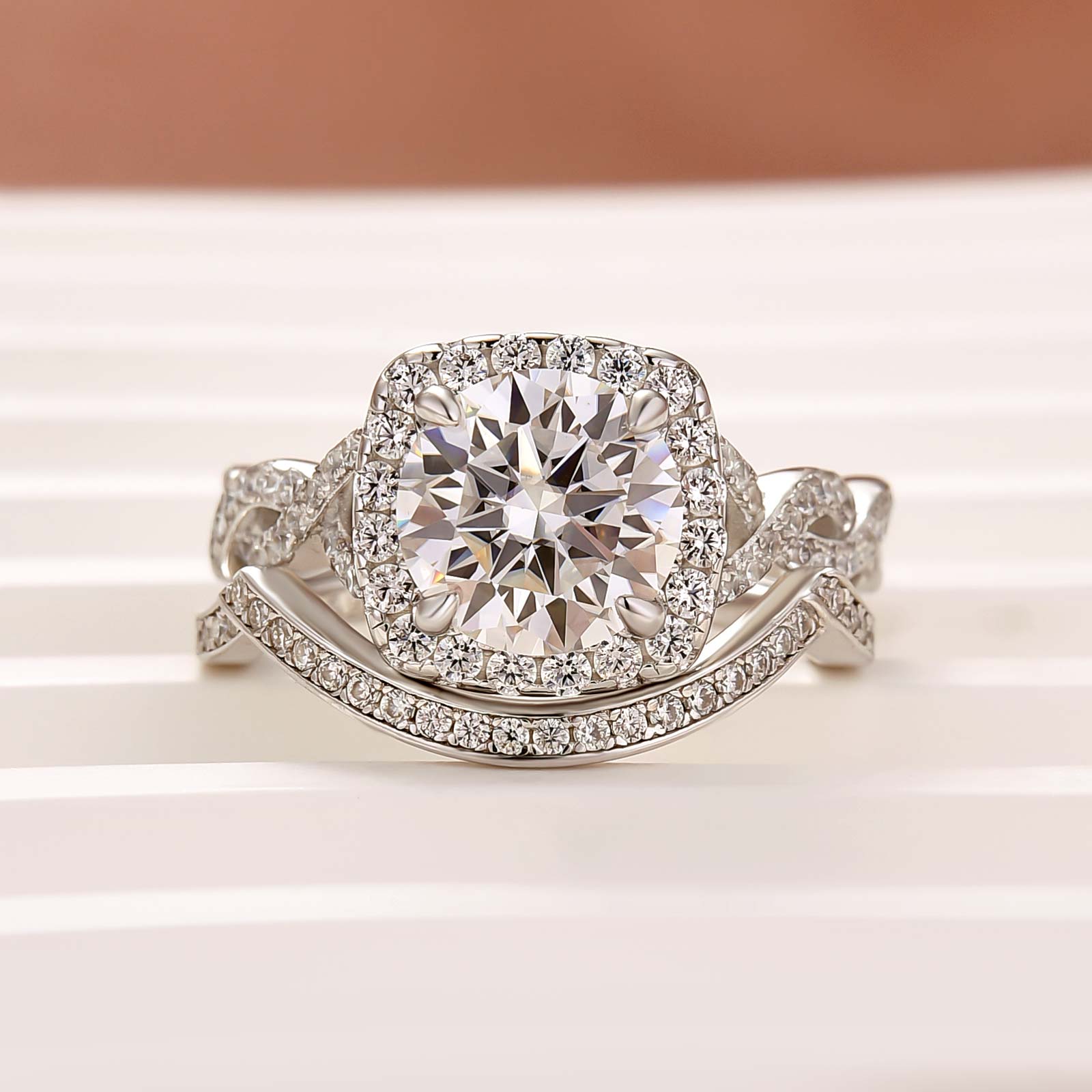 2PC Moissanite 2.0Ct Halo Round Cut Twist White Gold Wedding Ring Set In Sterling Silver