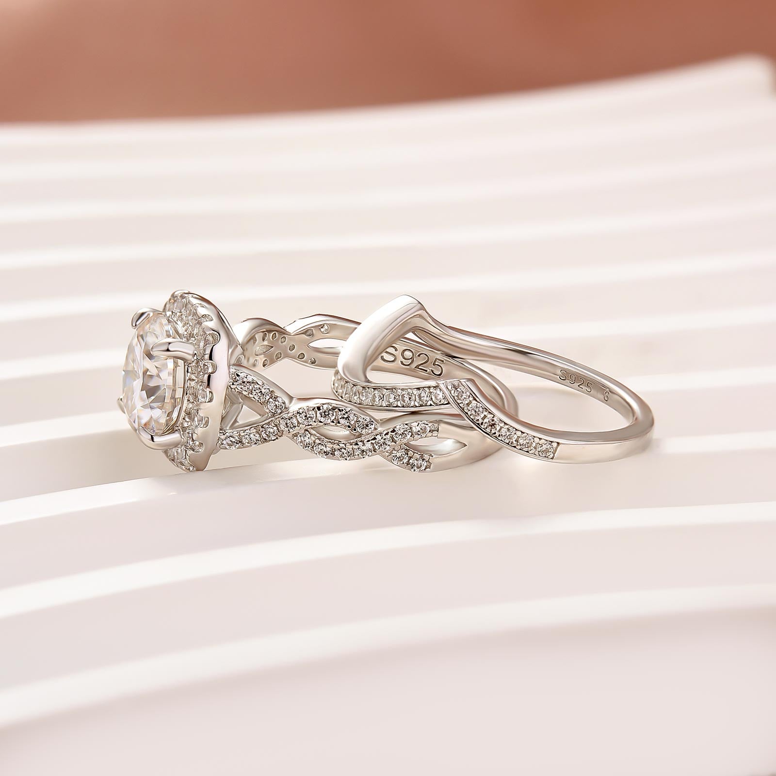 2PC Moissanite 2.0Ct Halo Round Cut Twist White Gold Wedding Ring Set In Sterling Silver