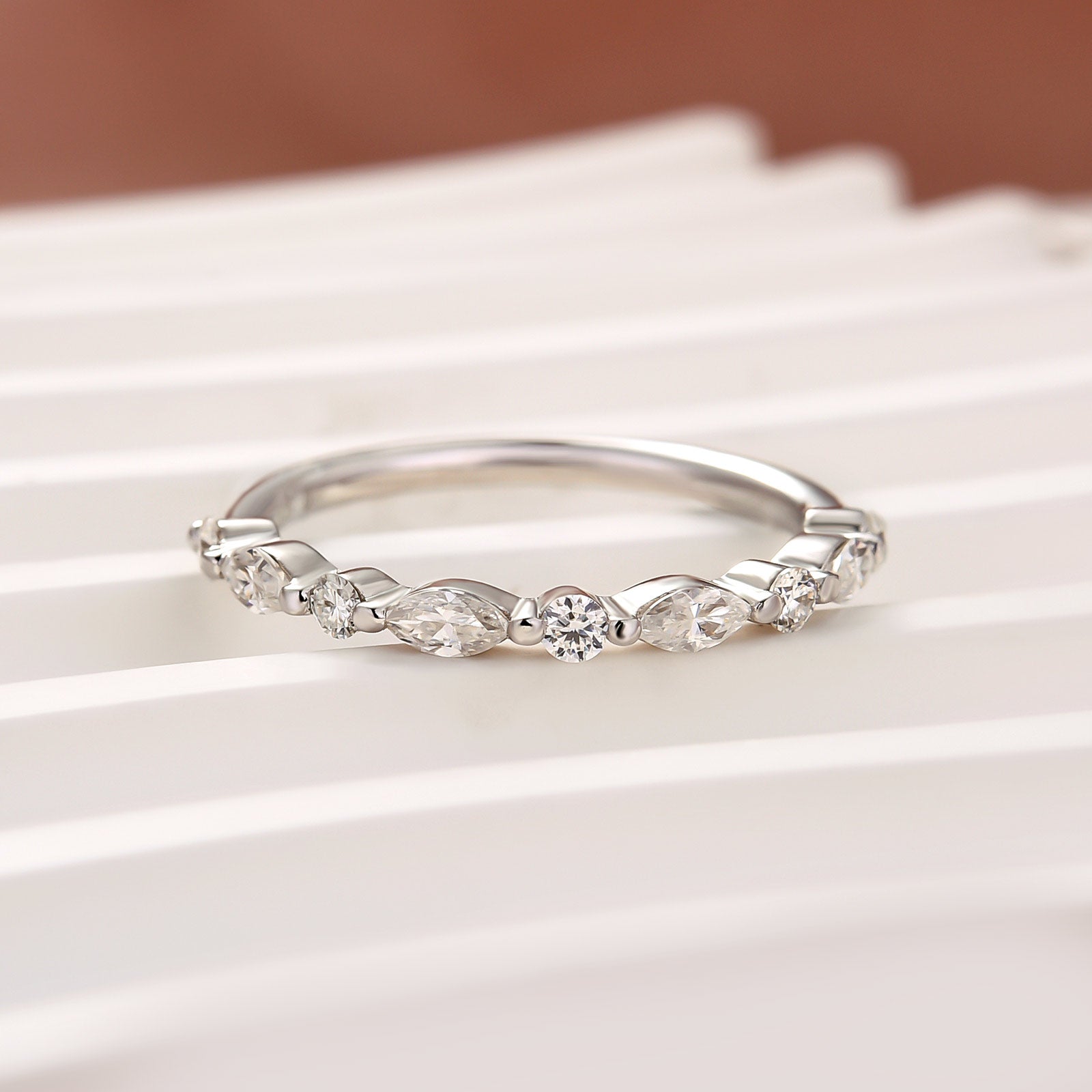 Louily Moissanite 0.55Ct Marquise&Round Wedding Band In Sterling Silver