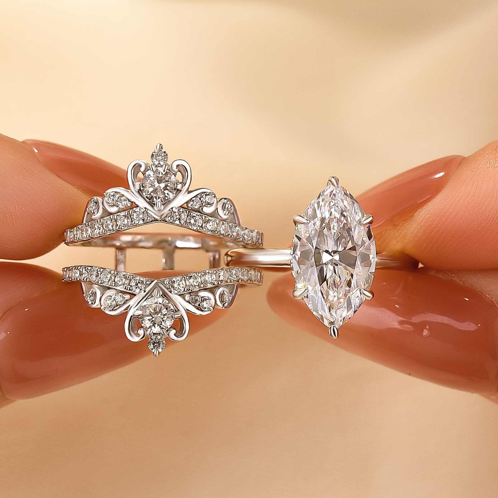 4.0 Carat Marquise Cut Insert Wedding Ring Set With Engagement Ring Enhancer