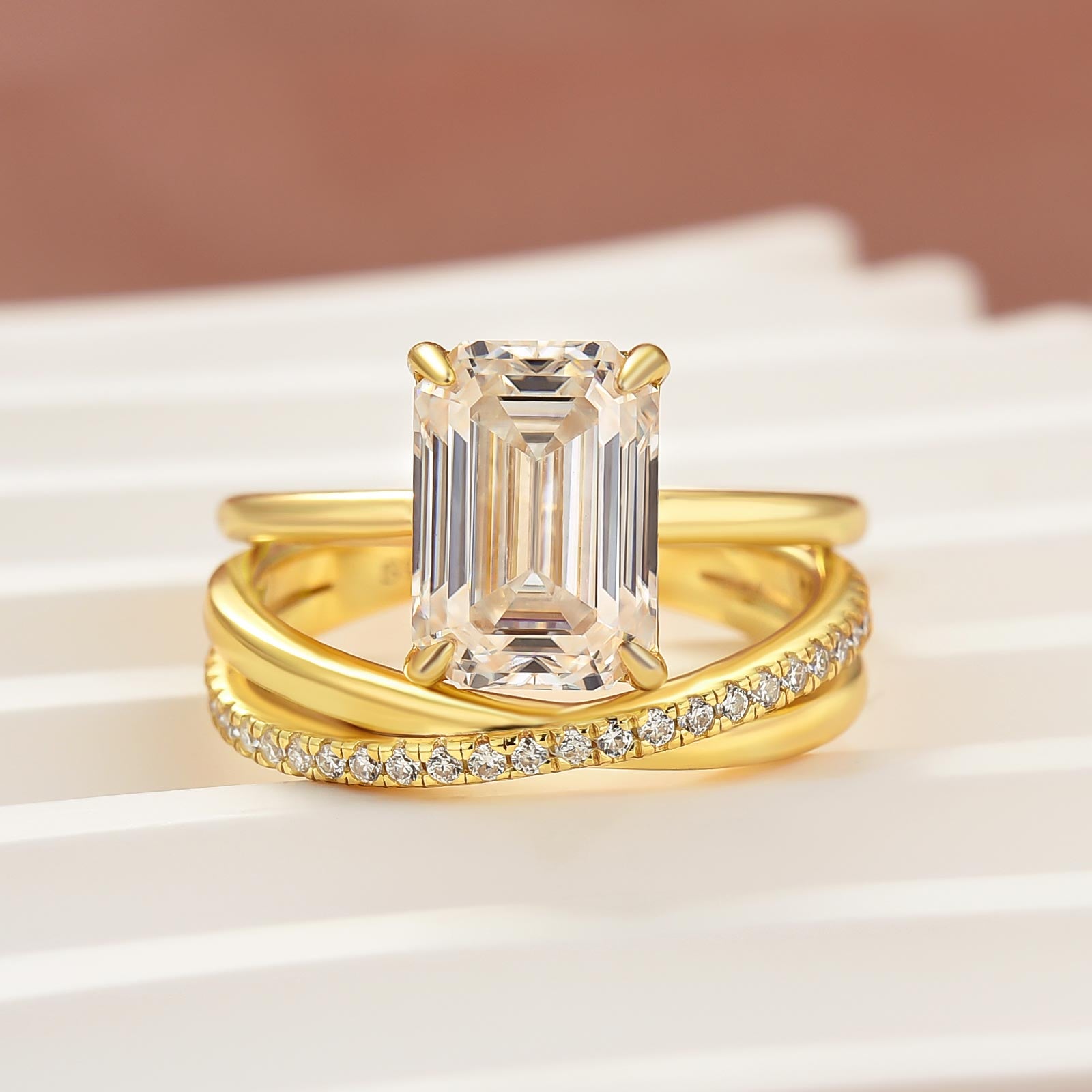 2PC Moissanite 3.5 Carat Emerald Cut Solitaire Yellow Gold Wedding Ring Set For Women