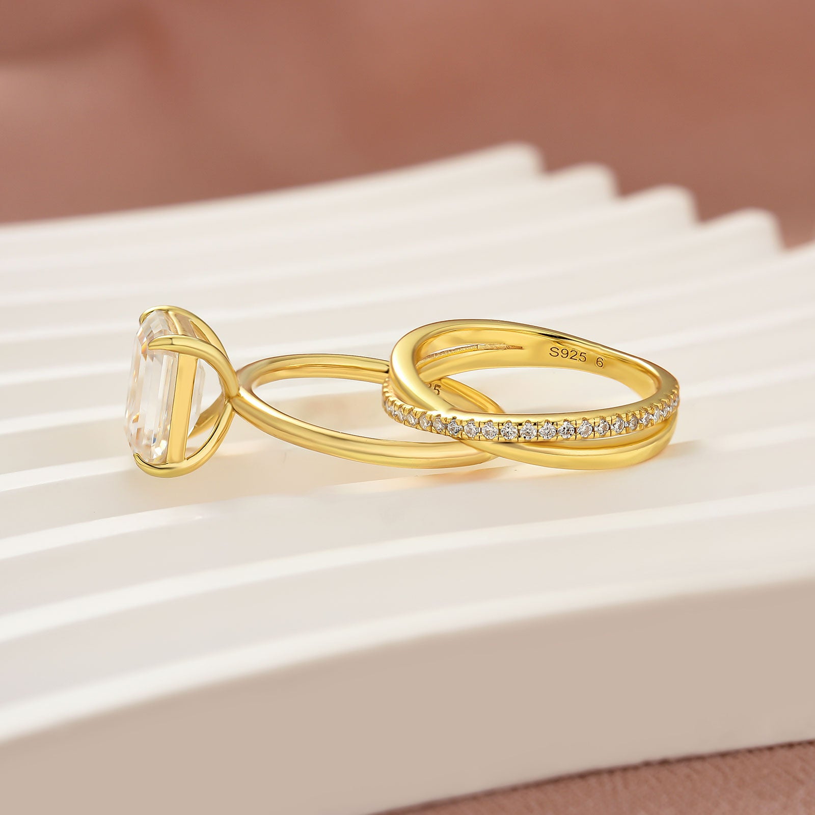 2PC Moissanite 3.5 Carat Emerald Cut Solitaire Yellow Gold Wedding Ring Set For Women