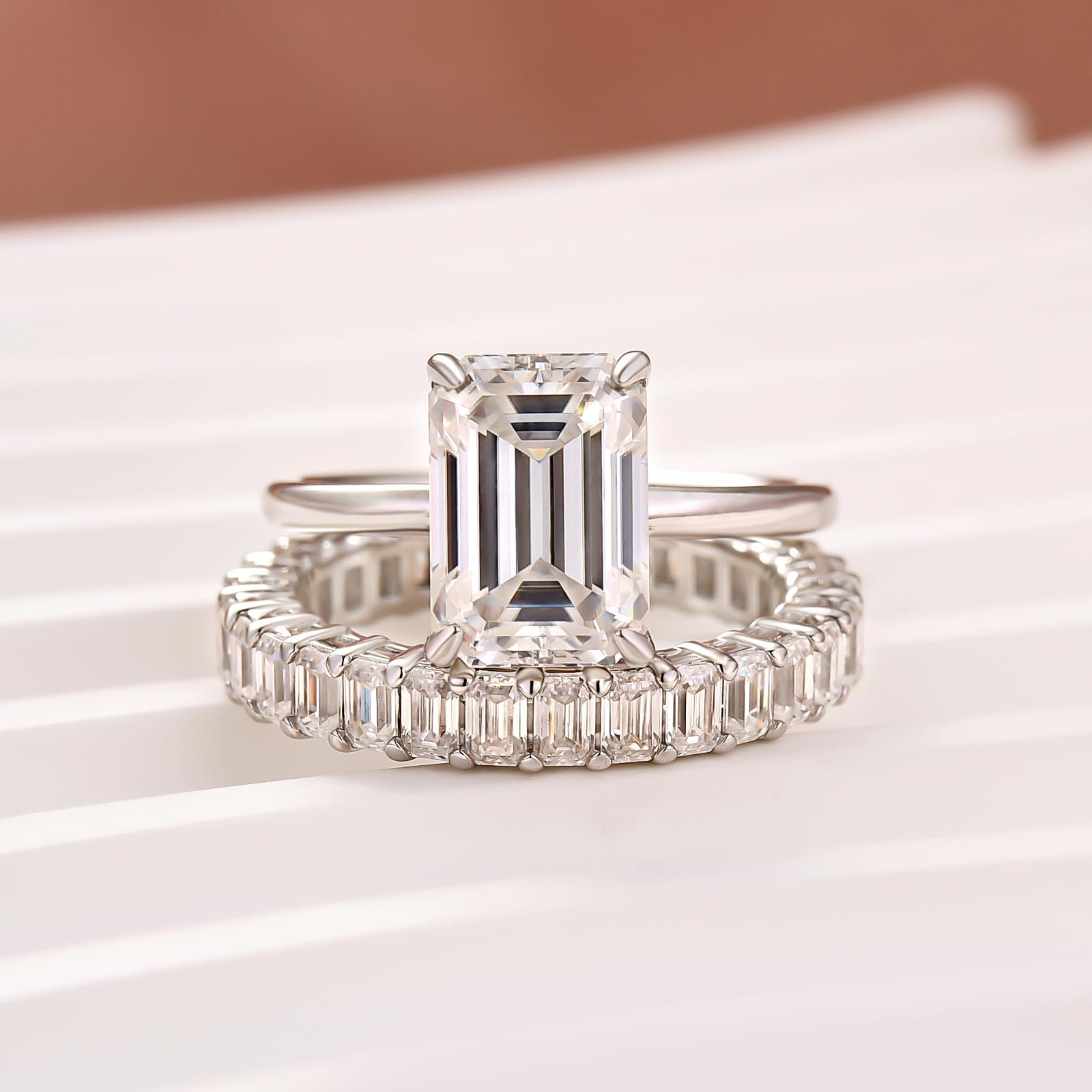 2PC Moissanite 3.5 Carat Emerald Cut White Gold Wedding Ring Set For Women
