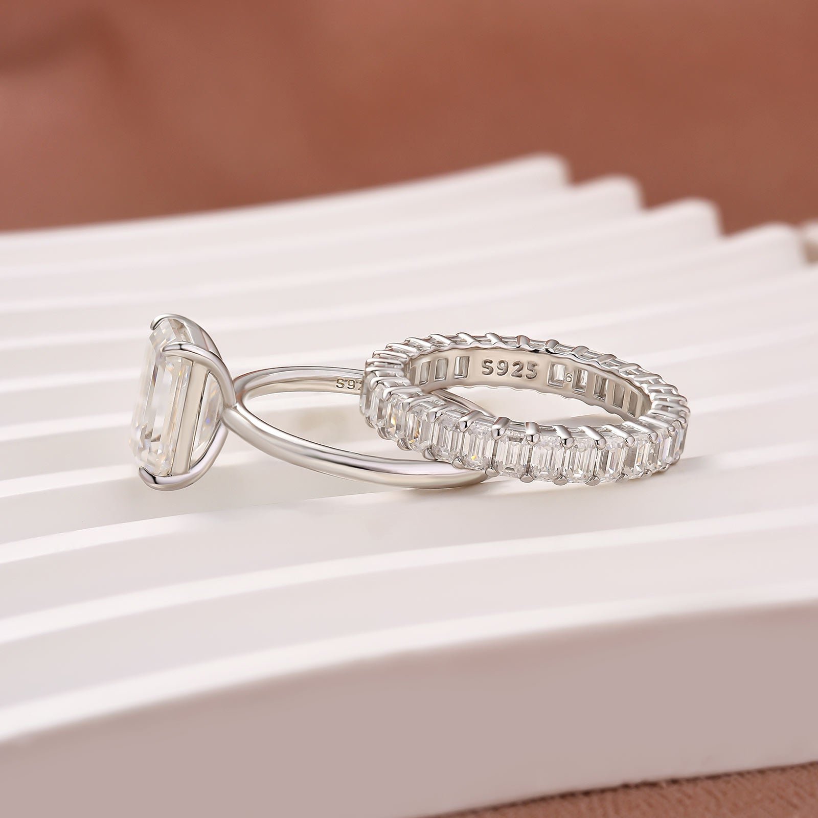 2PC Moissanite 3.5 Carat Emerald Cut White Gold Wedding Ring Set For Women