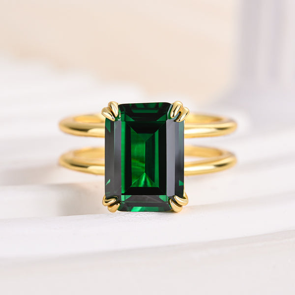 Louily Unique Design Yellow Gold Emerald Cut Engagement Ring In Sterling Silver