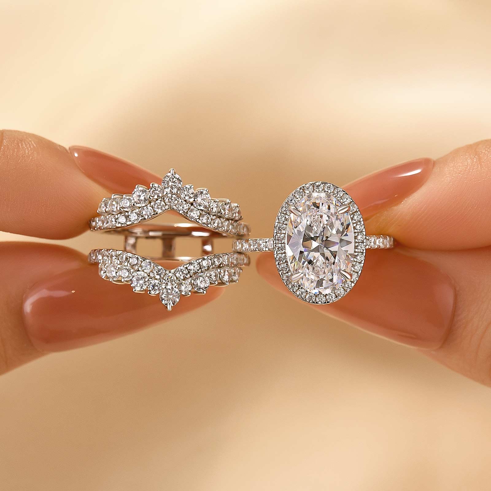 3PC 4.0Ct Halo  Oval Cut Wedding Ring Set With Two V-shaped Design Half Eternity Wedding Bands