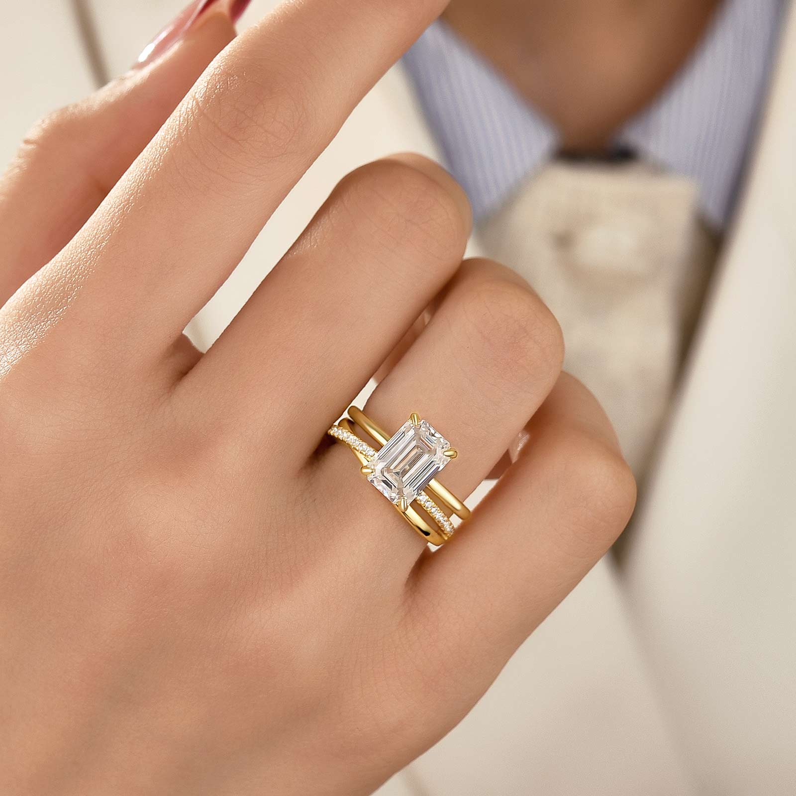 2PC Moissanite 3.5 Carat Emerald Cut Solitaire Yellow Gold Wedding Ring Set For Women