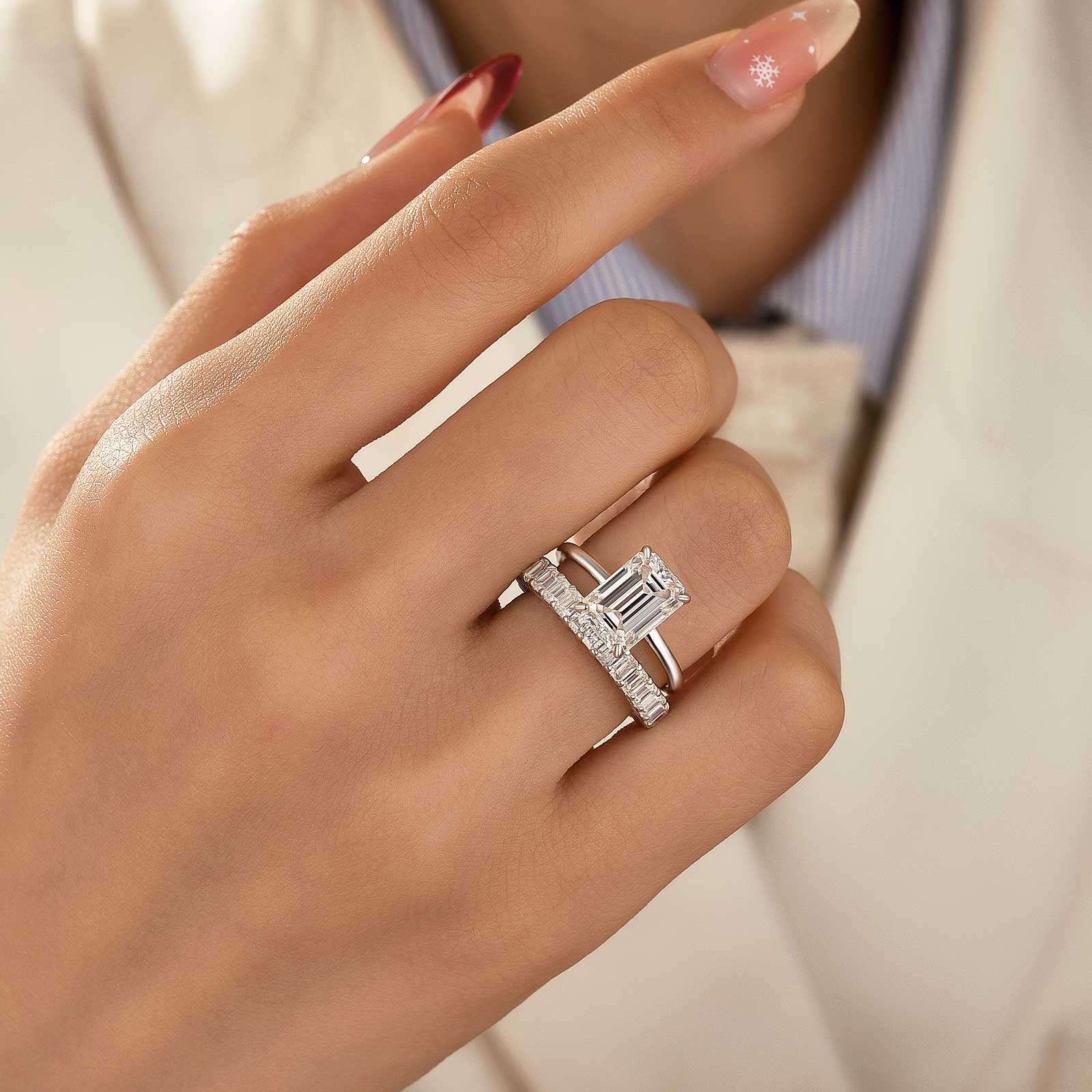 2PC Moissanite 3.5 Carat Emerald Cut White Gold Wedding Ring Set For Women