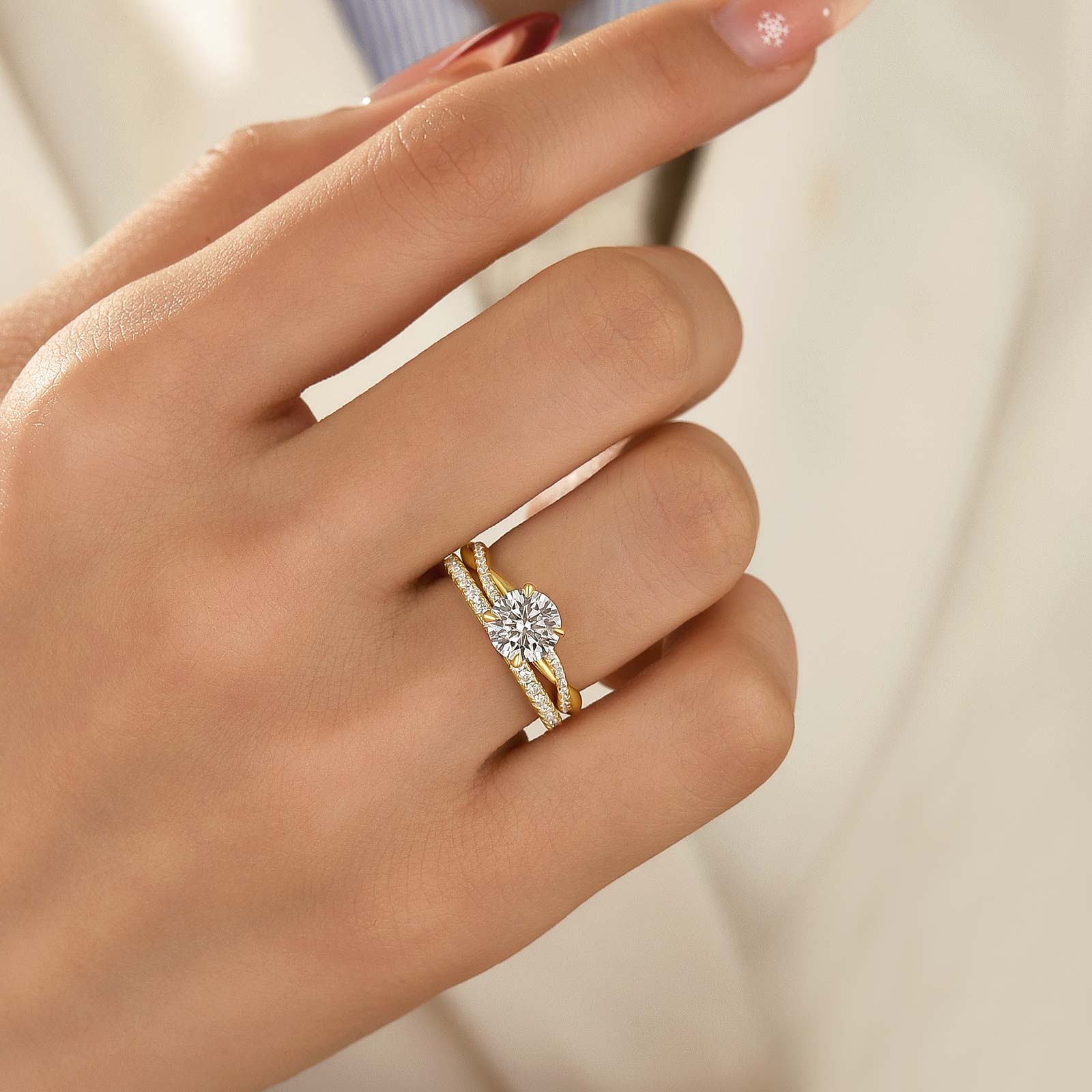 2PC Moissanite 1.2~2.0Ct Twist Round Cut Yellow Gold Pave Promise Bridal Ring With Wedding Band