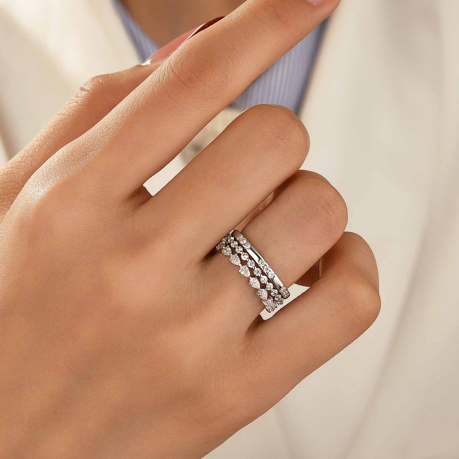 Moissanite 3PC Round Cut& Pear Cut Wedding Band Set For Women In Sterling Silver - louilyjewelry