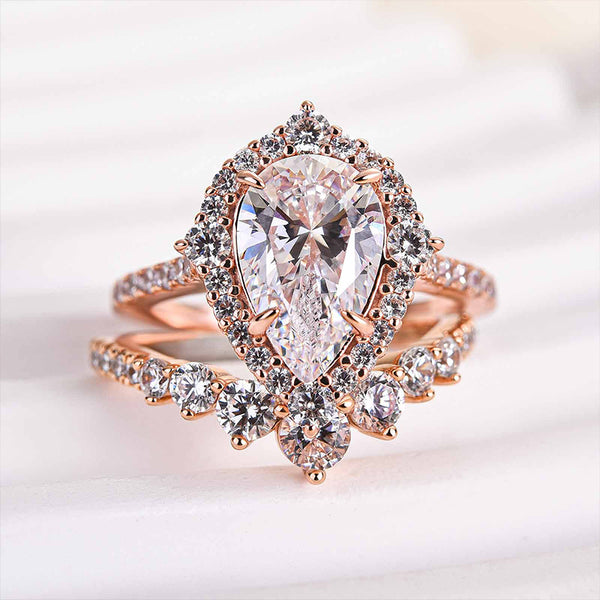 Louily Elegant Rose Gold 2.2 Carat Halo Pear Cut Bridal Ring Set In Sterling Silver