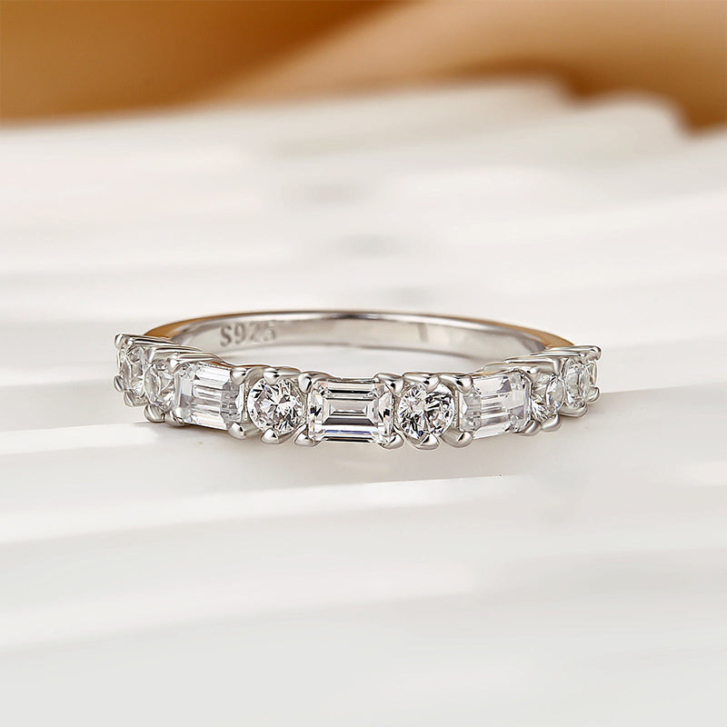 Louily Fashion Yellow Gold Half Emerald & Round Cut Diamond Wedding Band In Sterling Silver - louilyjewelry