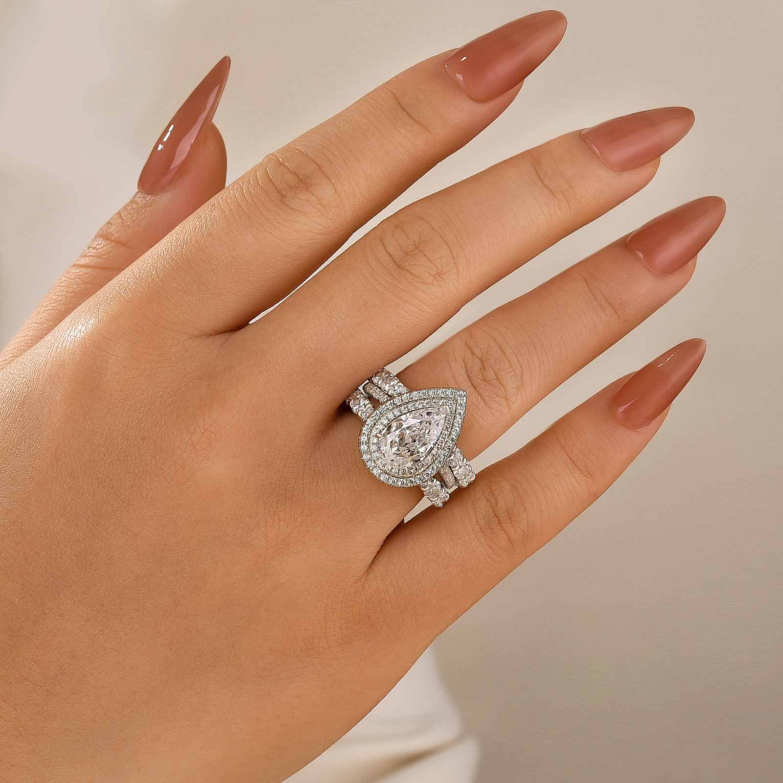 Louily Eternity Double Halo Pear Cut 3PC Wedding Set In Sterling Silver