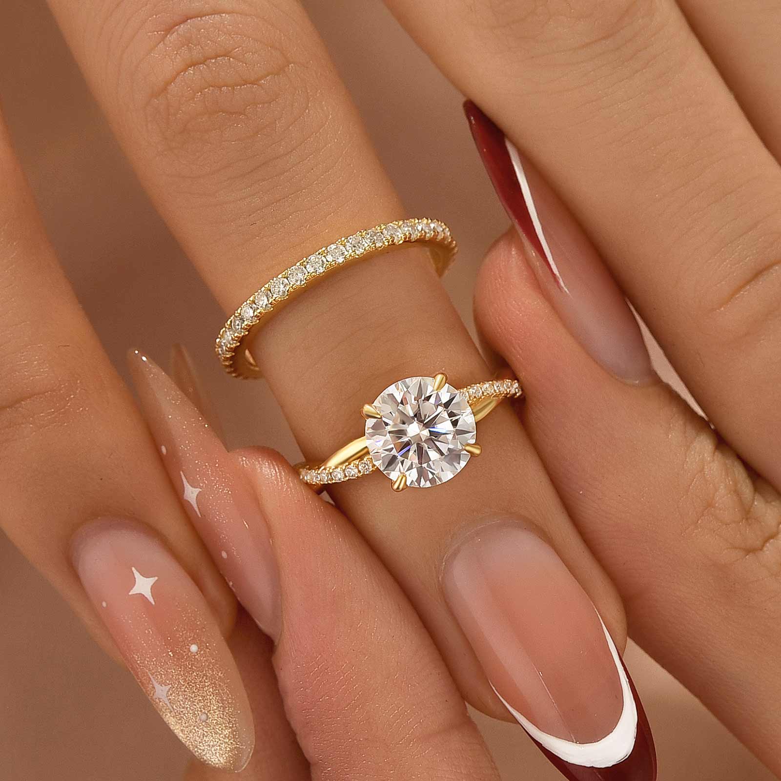 2PC Moissanite 1.2~2.0Ct Twist Round Cut Yellow Gold Pave Promise Bridal Ring With Wedding Band