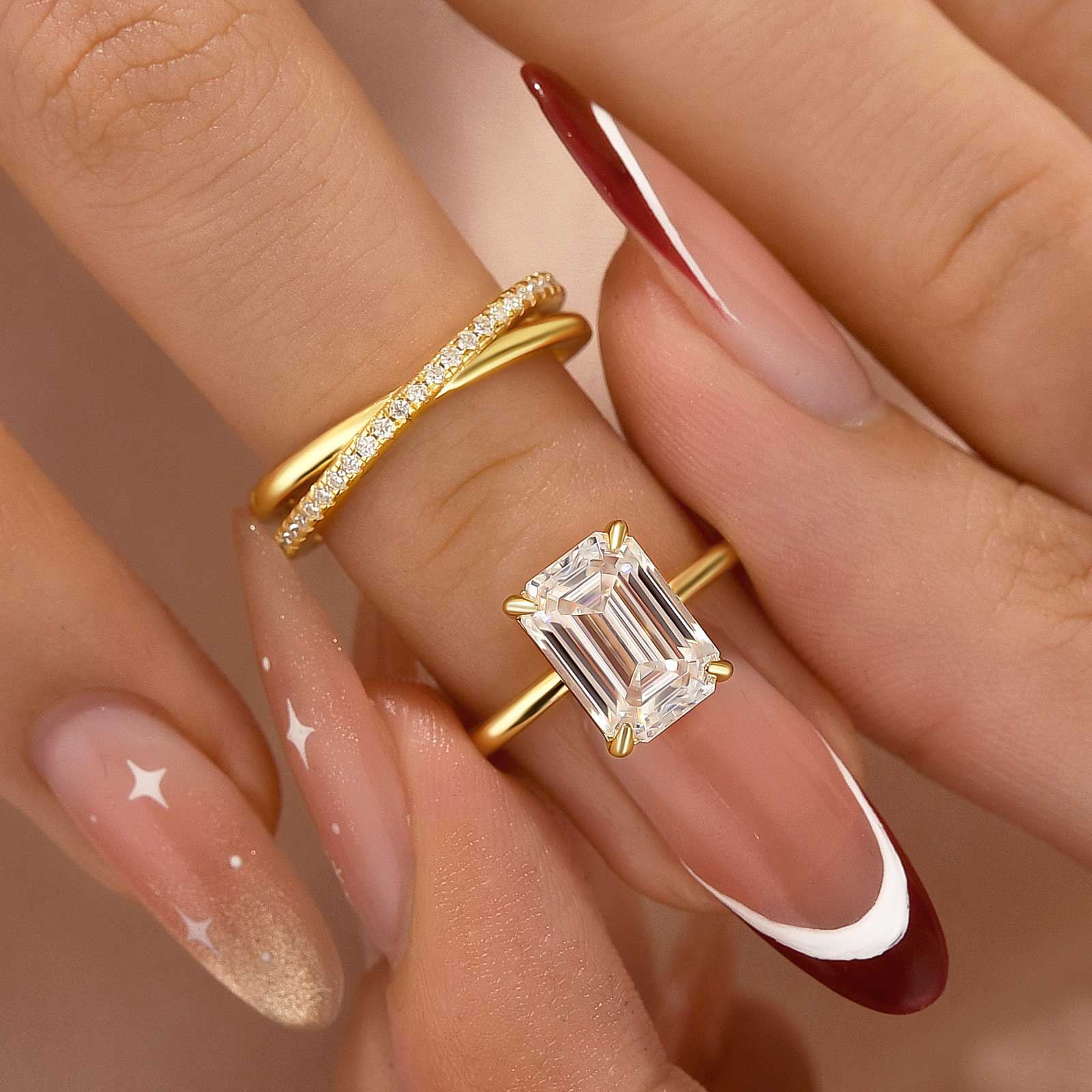 2PC Moissanite 3.5 Carat Emerald Cut Solitaire Yellow Gold Wedding Ring Set For Women