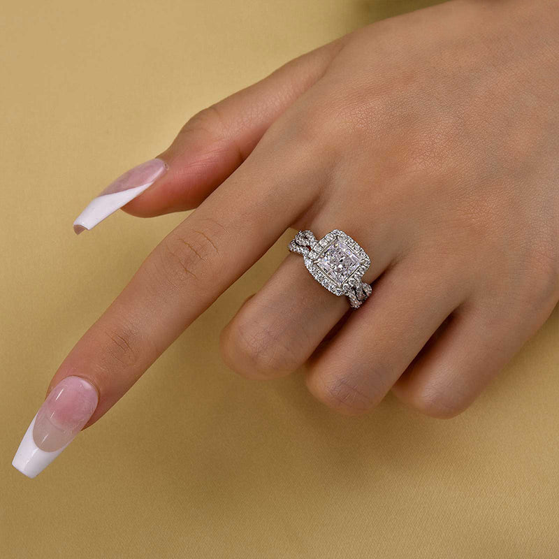 Louily Noble Halo Square Princess Cut Wedding Ring Set - louilyjewelry