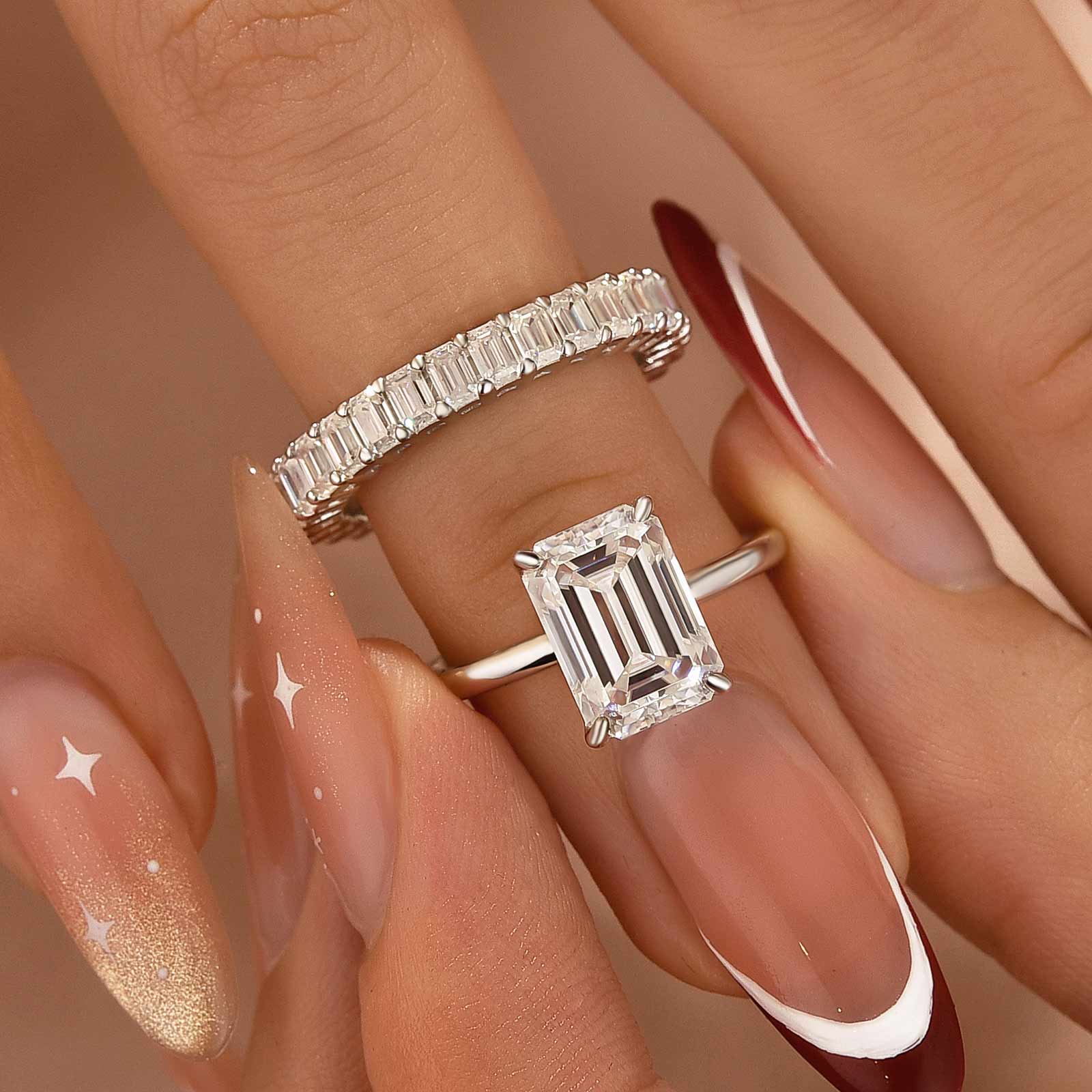 2PC Moissanite 3.5 Carat Emerald Cut White Gold Wedding Ring Set For Women