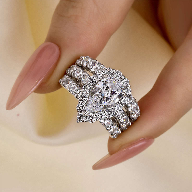 Louily 3PC Classic Halo Pear Cut Wedding Ring Set In Sterling Silver - louilyjewelry