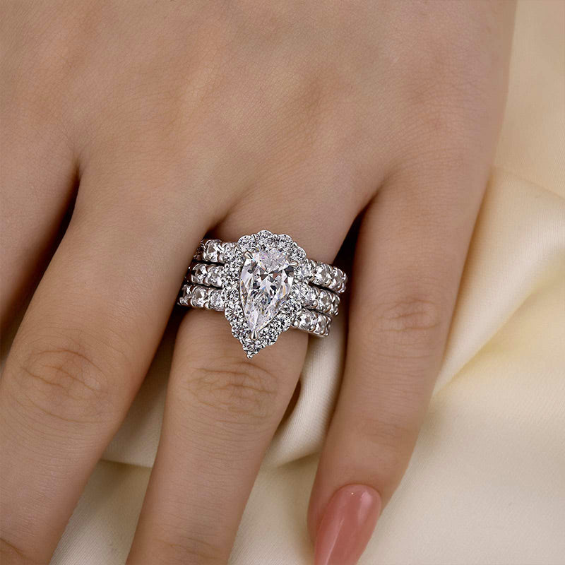 Louily 3PC Classic Halo Pear Cut Wedding Ring Set In Sterling Silver - louilyjewelry