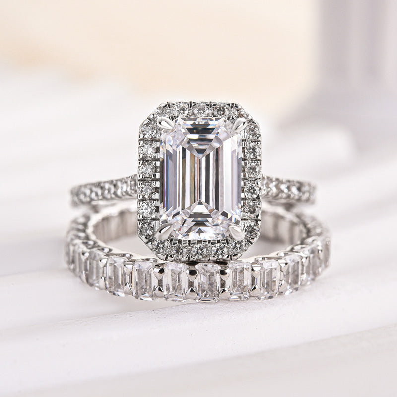 Louily Noble Halo Emerald Cut Wedding Ring Set - louilyjewelry