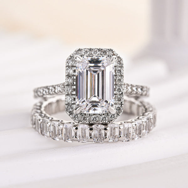 Louily Noble Halo Emerald Cut Wedding Ring Set