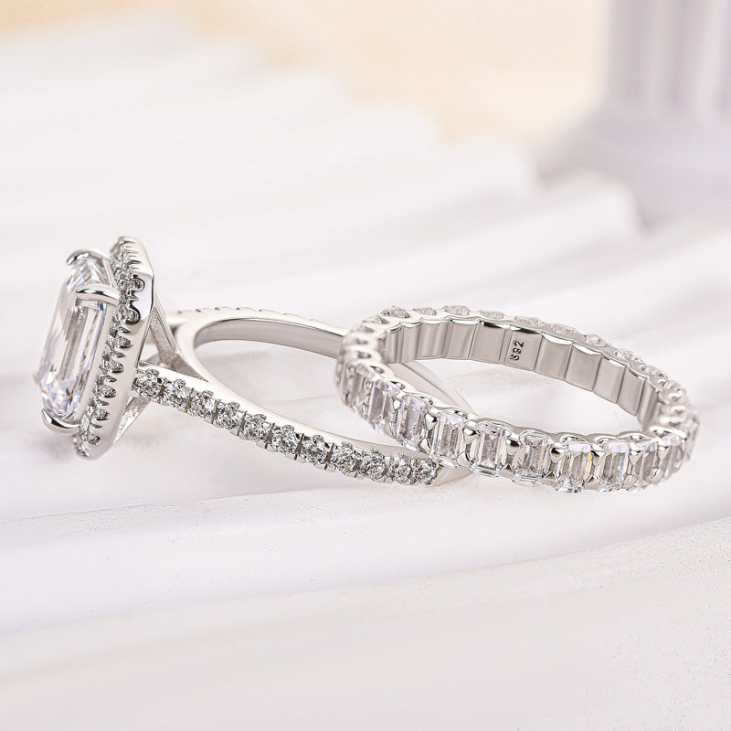 Louily Noble Halo Emerald Cut Wedding Ring Set - louilyjewelry