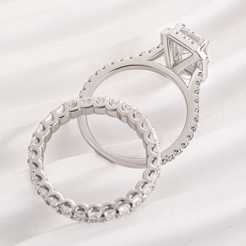 Louily Noble Halo Emerald Cut Wedding Ring Set - louilyjewelry
