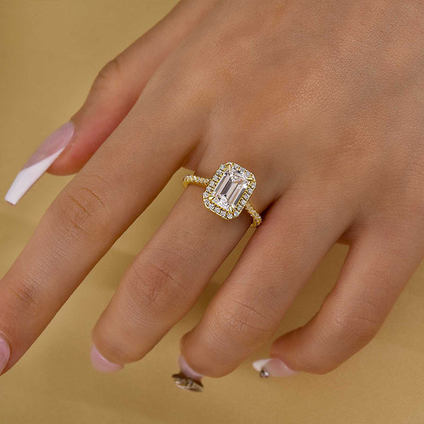 Louily Attractive Halo Emerald Cut Engagement Ring