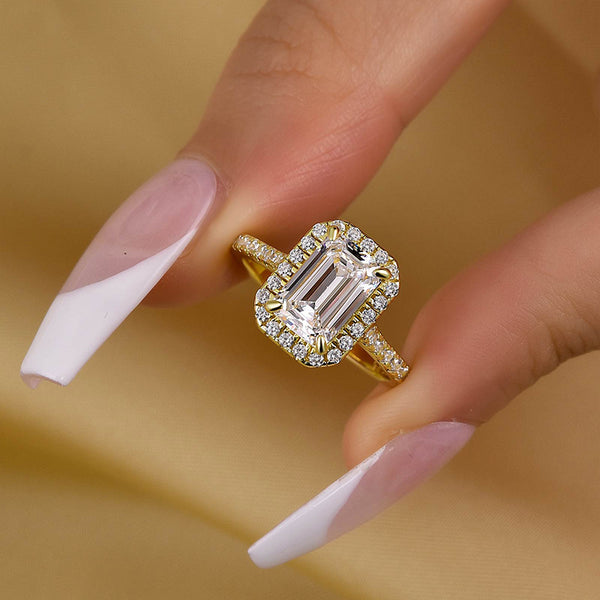 Louily Attractive Halo Emerald Cut Engagement Ring