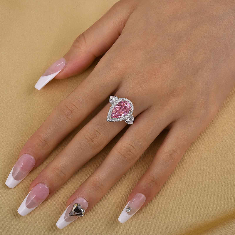 Louily Beautiful Pear Cut Pink Sapphire Three Stone Engagement Ring - louilyjewelry