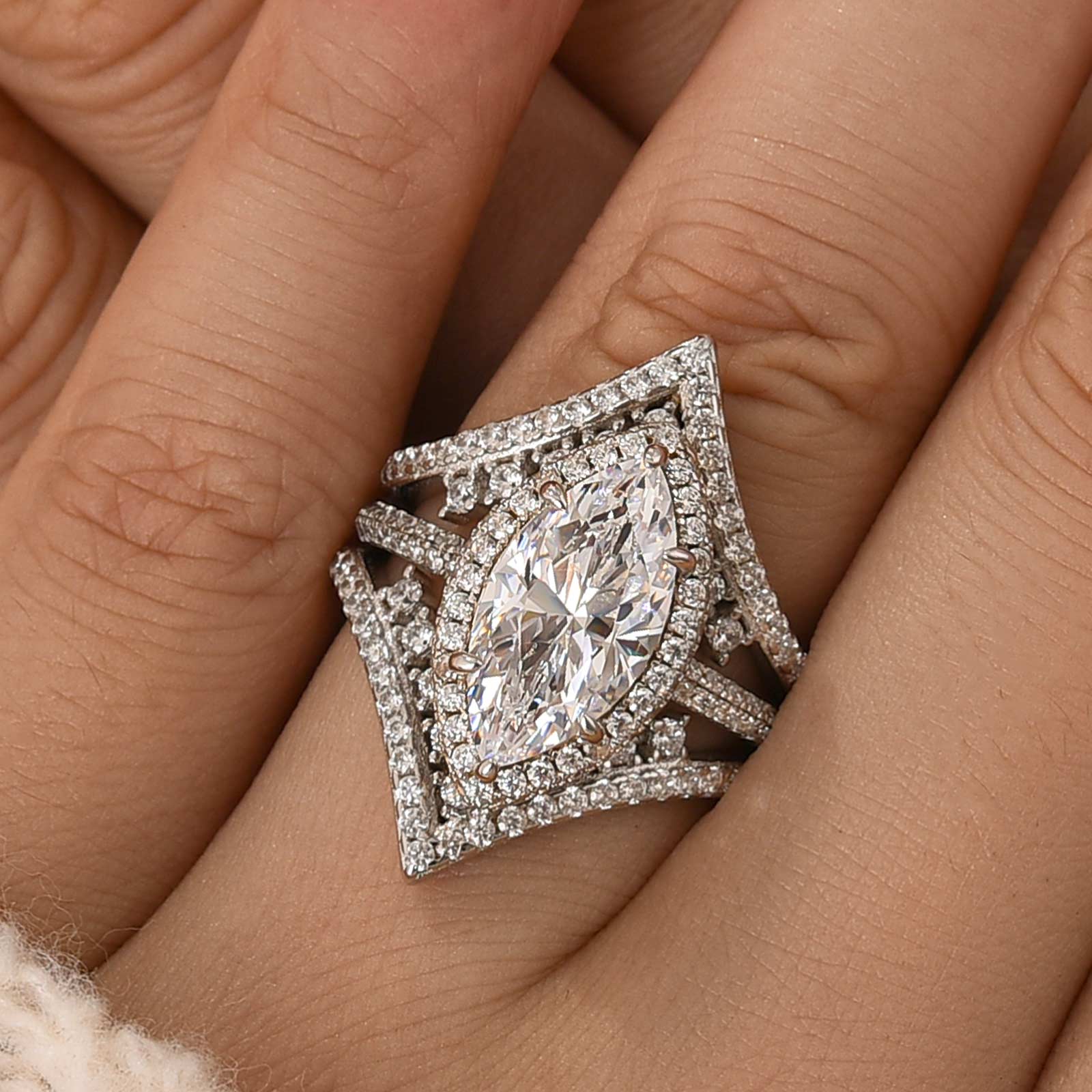 3.0Ct Halo Marquise Cut Insert Wedding Ring Set With Luxe Engagement Ring Enhancer