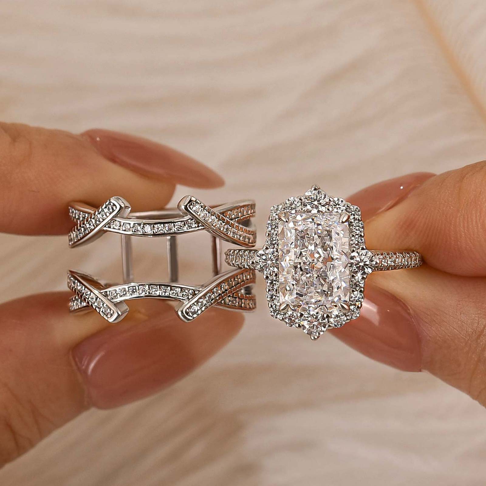 3.5Ct Halo Radiant Cut Insert Wedding Ring Set With Engagement Ring Enhancer