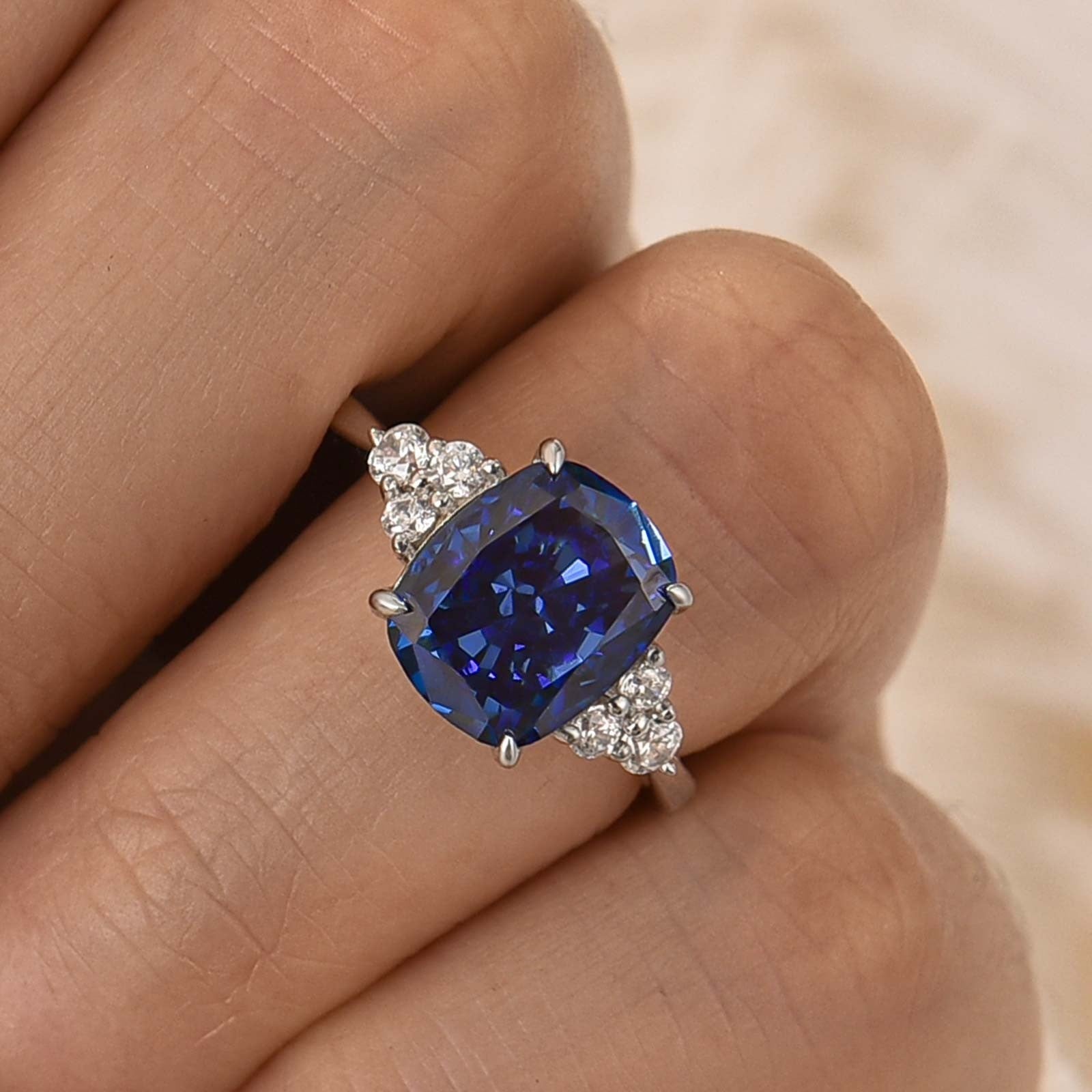 4.0Ct Cushion Cut Side Stone Engagement Ring Travel Ring In Sterling Silver