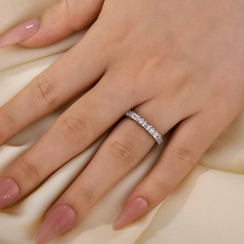 Louily Fashion Yellow Gold Half Emerald & Round Cut Diamond Wedding Band In Sterling Silver - louilyjewelry