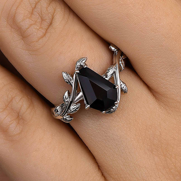 Louily Unique Leaf Design Black Stone Coffin Cut Engagement Ring In Sterling Silver