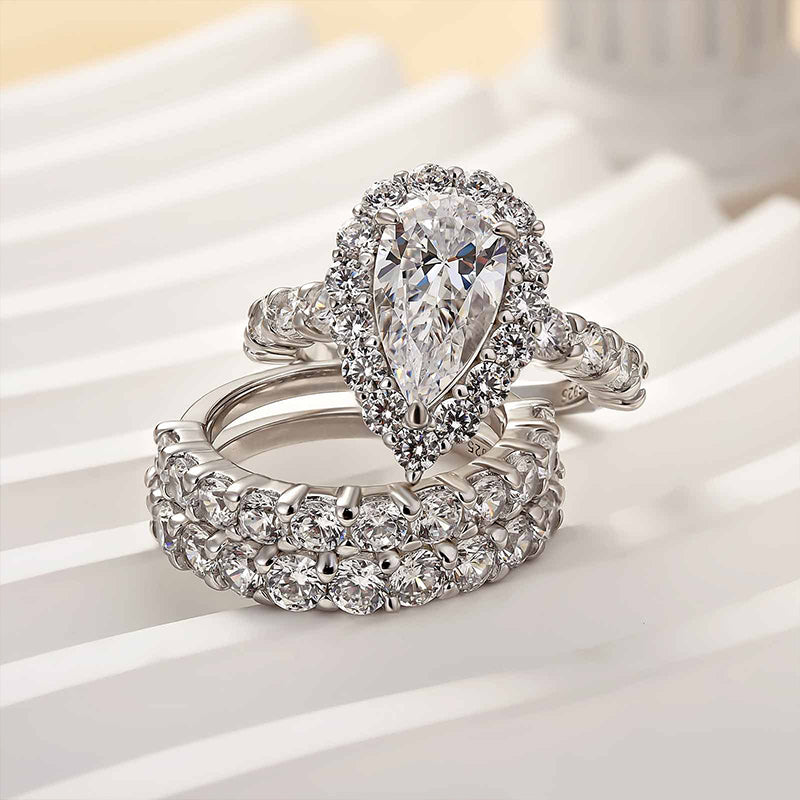 Louily 3PC Classic Halo Pear Cut Wedding Ring Set In Sterling Silver - louilyjewelry