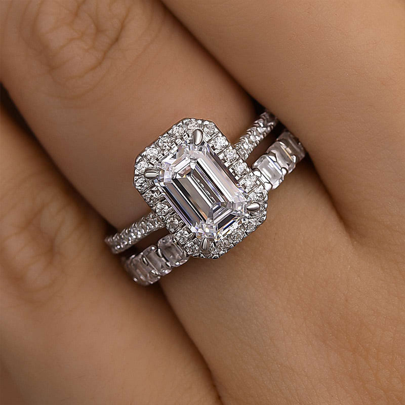 Louily Noble Halo Emerald Cut Wedding Ring Set - louilyjewelry