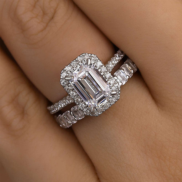 Louily Noble Halo Emerald Cut Wedding Ring Set