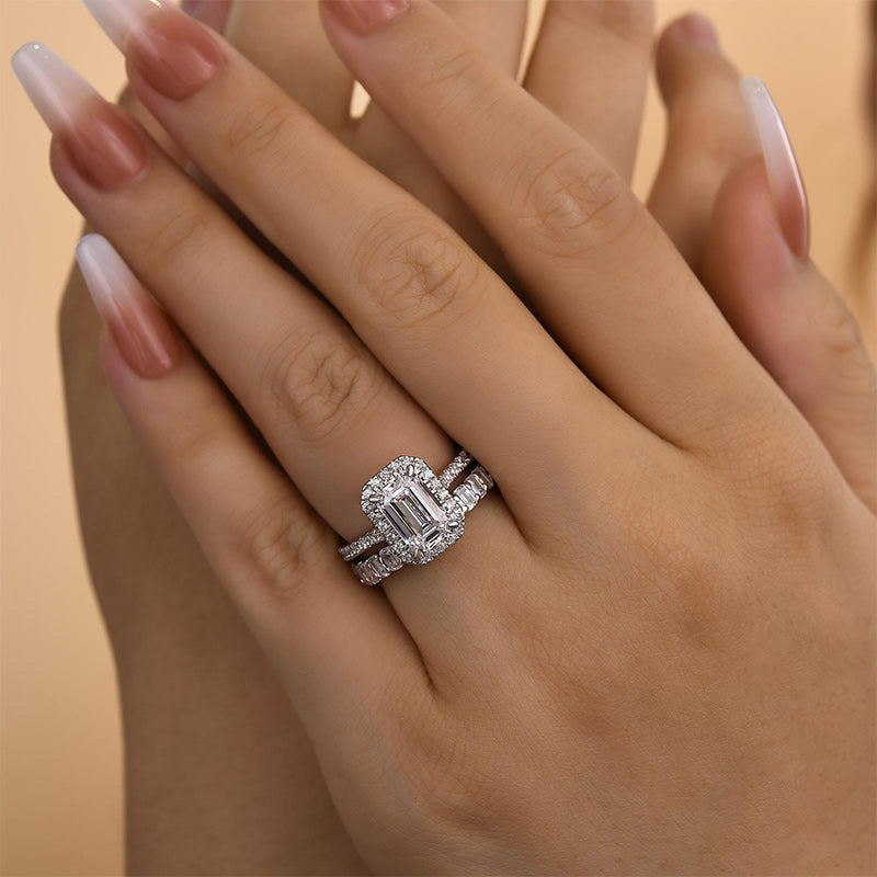 Louily Noble Halo Emerald Cut Wedding Ring Set - louilyjewelry