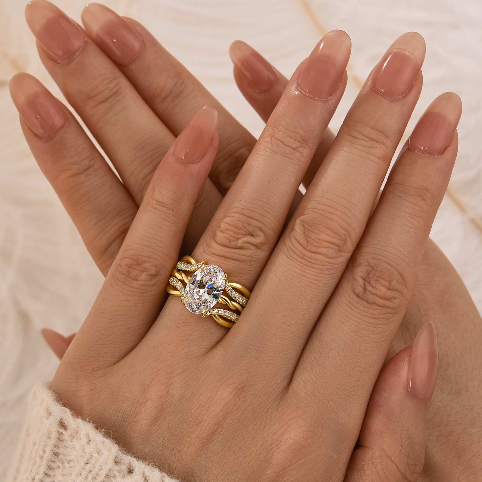 Romantic 4.0Ct Oval Cut Twist Engagement Ring with Enhancer Wedding Band For Woman In Sterling Silver