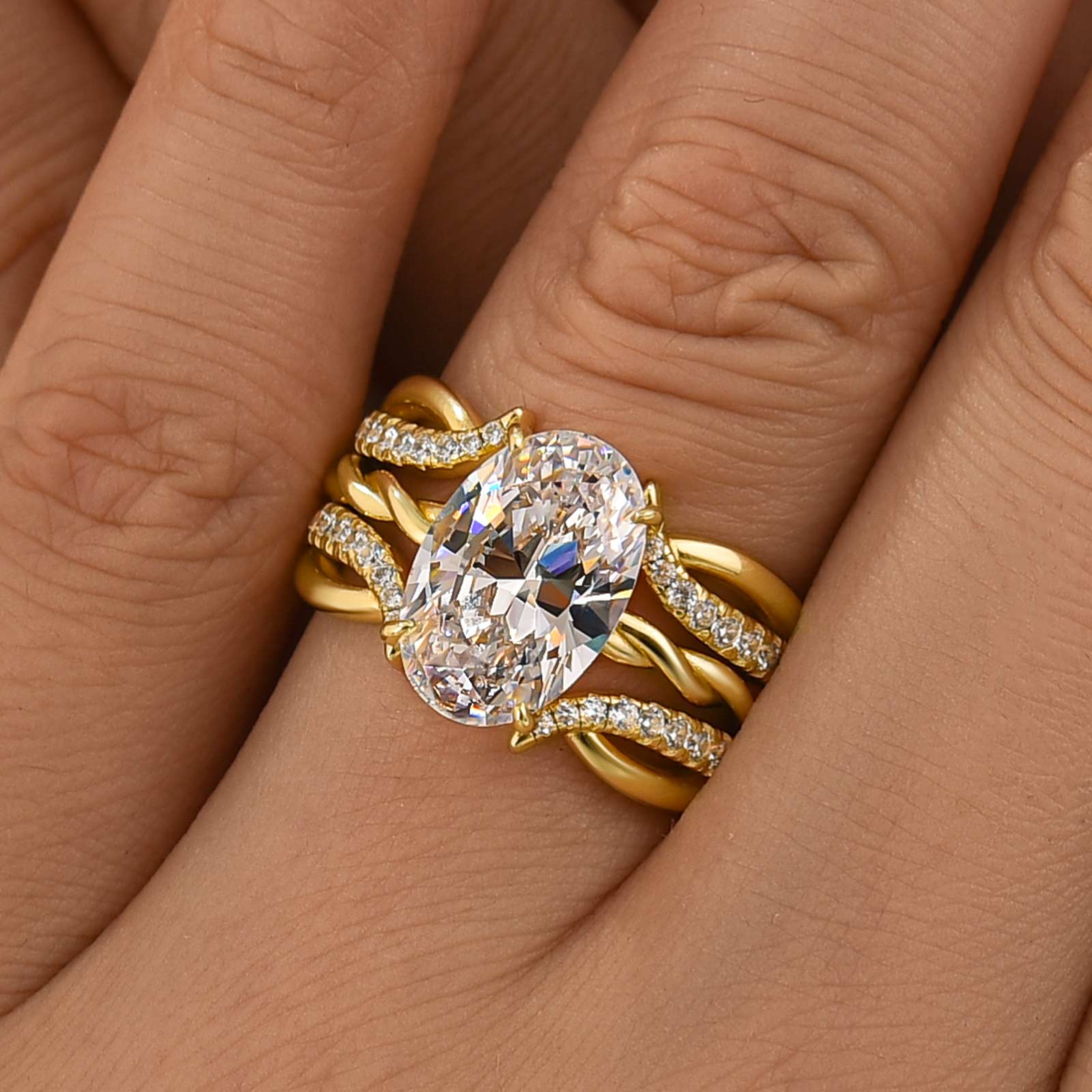 Romantic 4.0Ct Oval Cut Twist Engagement Ring with Enhancer Wedding Band For Woman In Sterling Silver