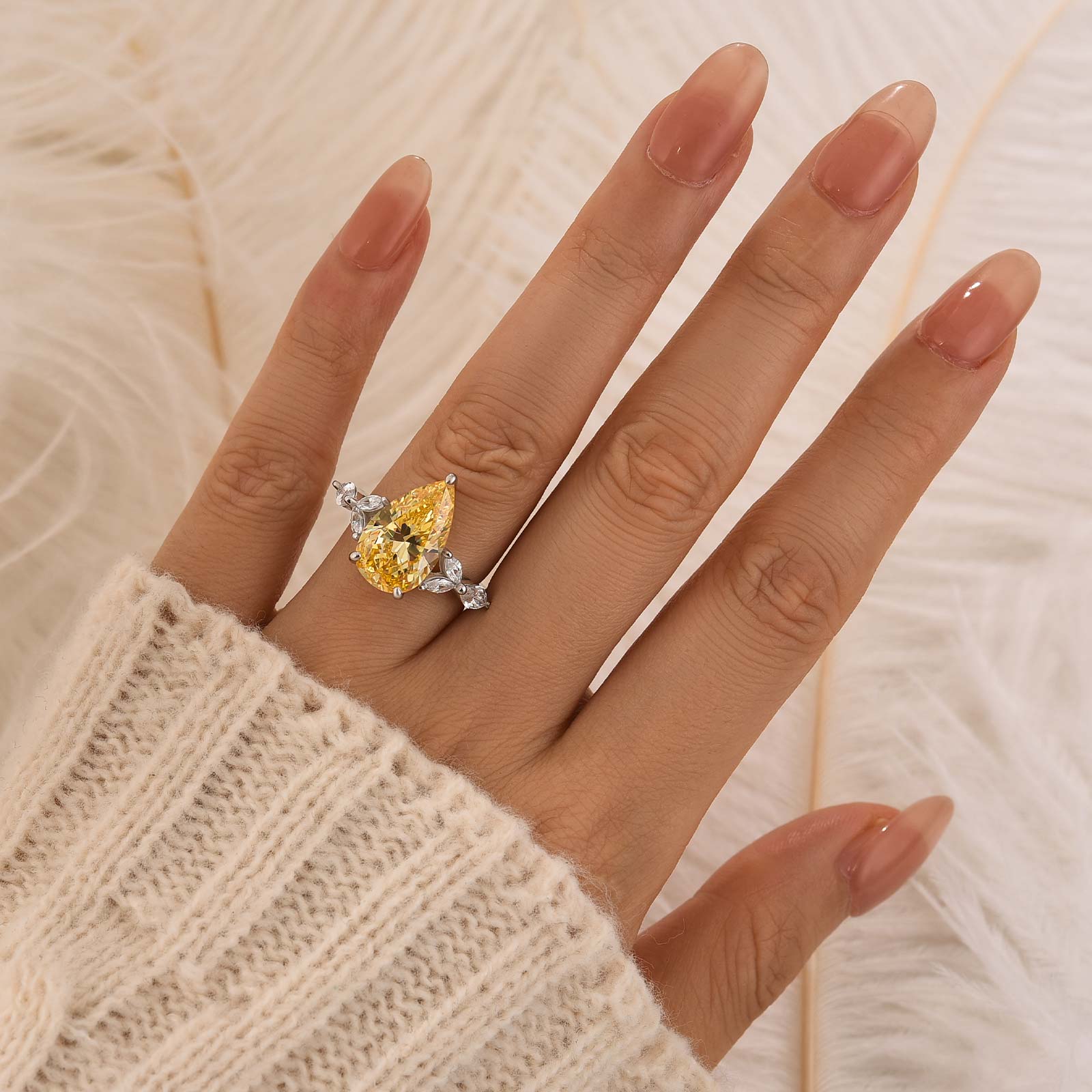 4.5Ct Pear Cut Yellow Stone With Design Marquise Side Stone Engagement Rings